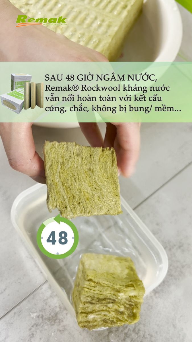 Bông khoáng kháng nước Remak® Rockwool vs. Bông khoáng loại thường: Kết quả sau khi ngâm nước suốt 48 giờ?